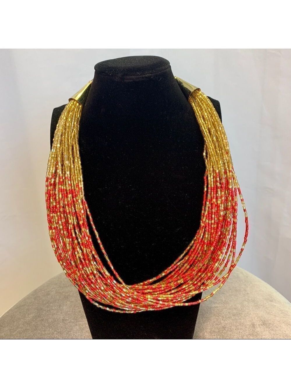 BEADED multi layered gold coral statement necklace
